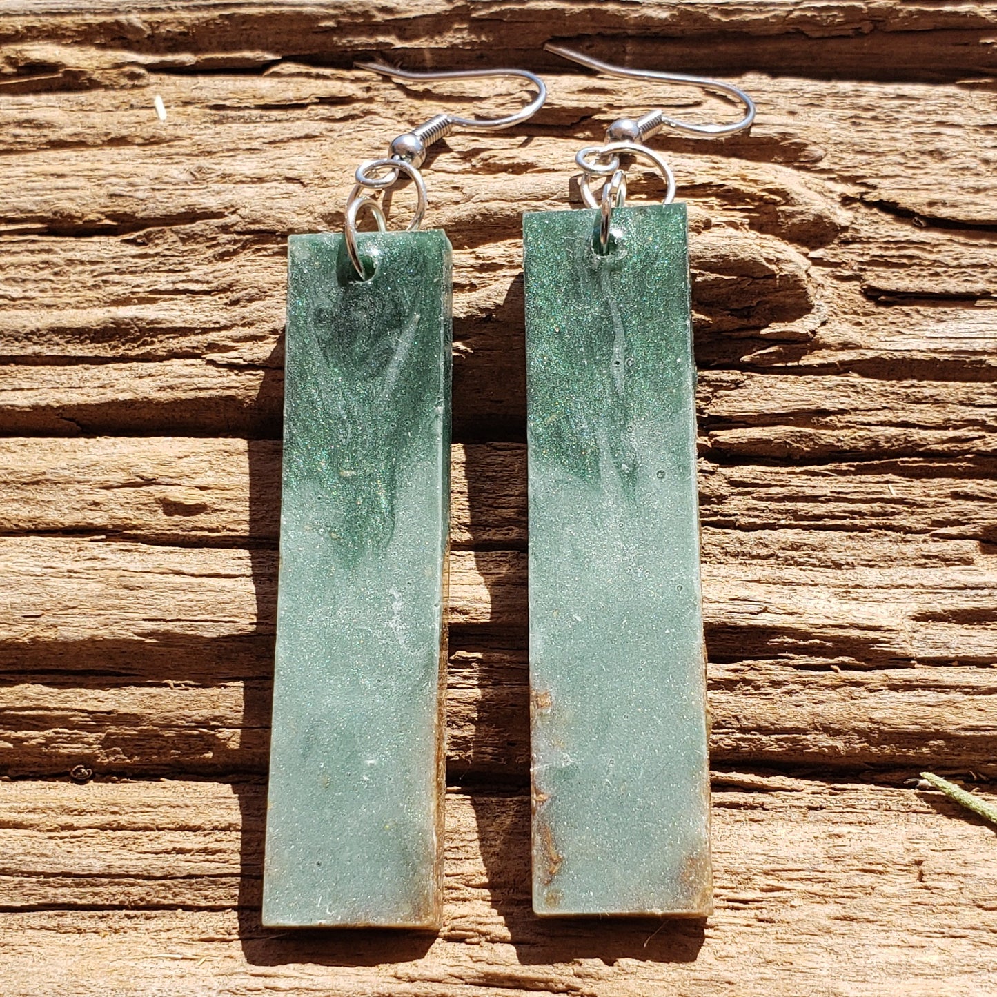 Green & Gold Bar Earrings – Real Jasmine Flower Sand Lake-Inspired Handmade