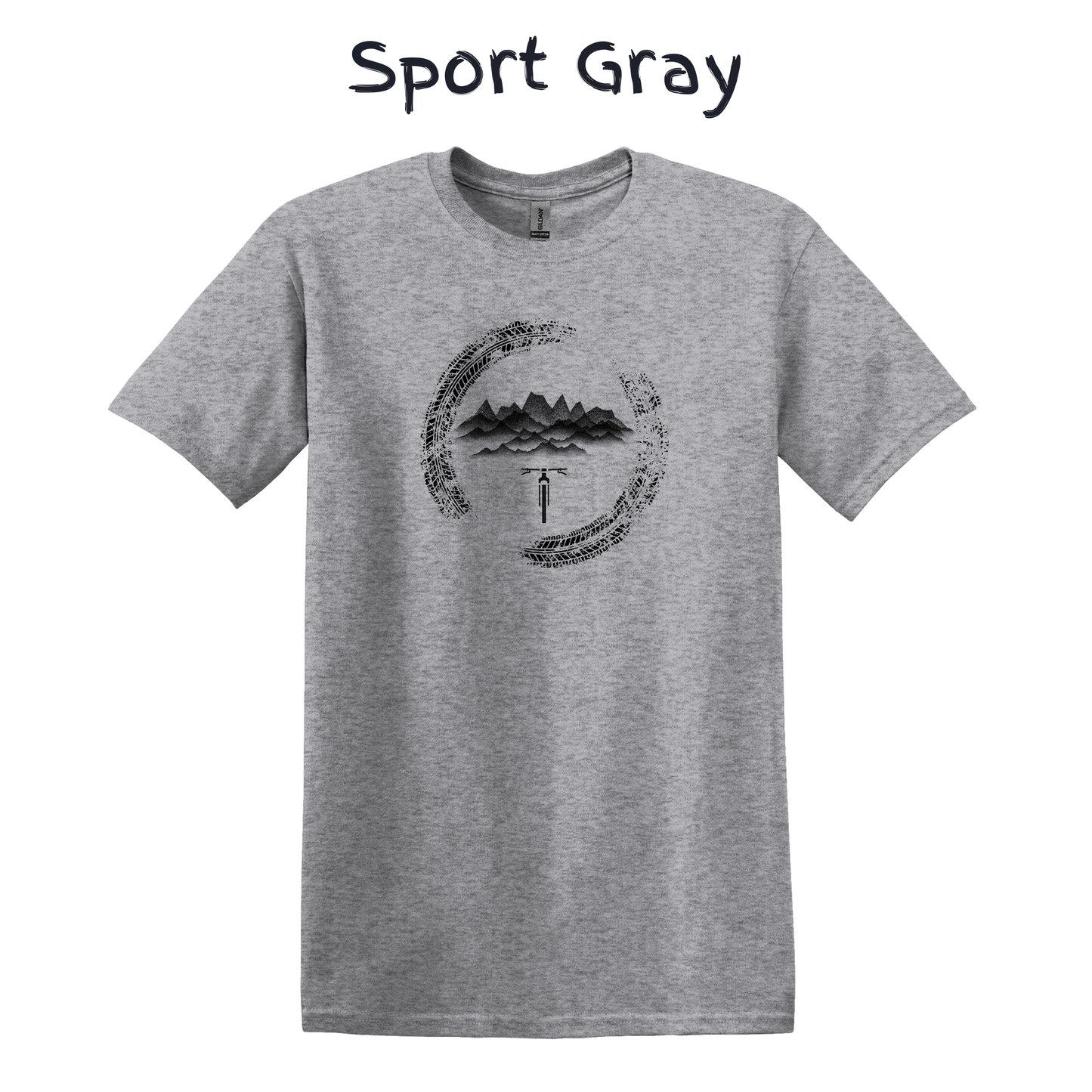 Gray t-shirt with a black mountain bike graphic design on a white background