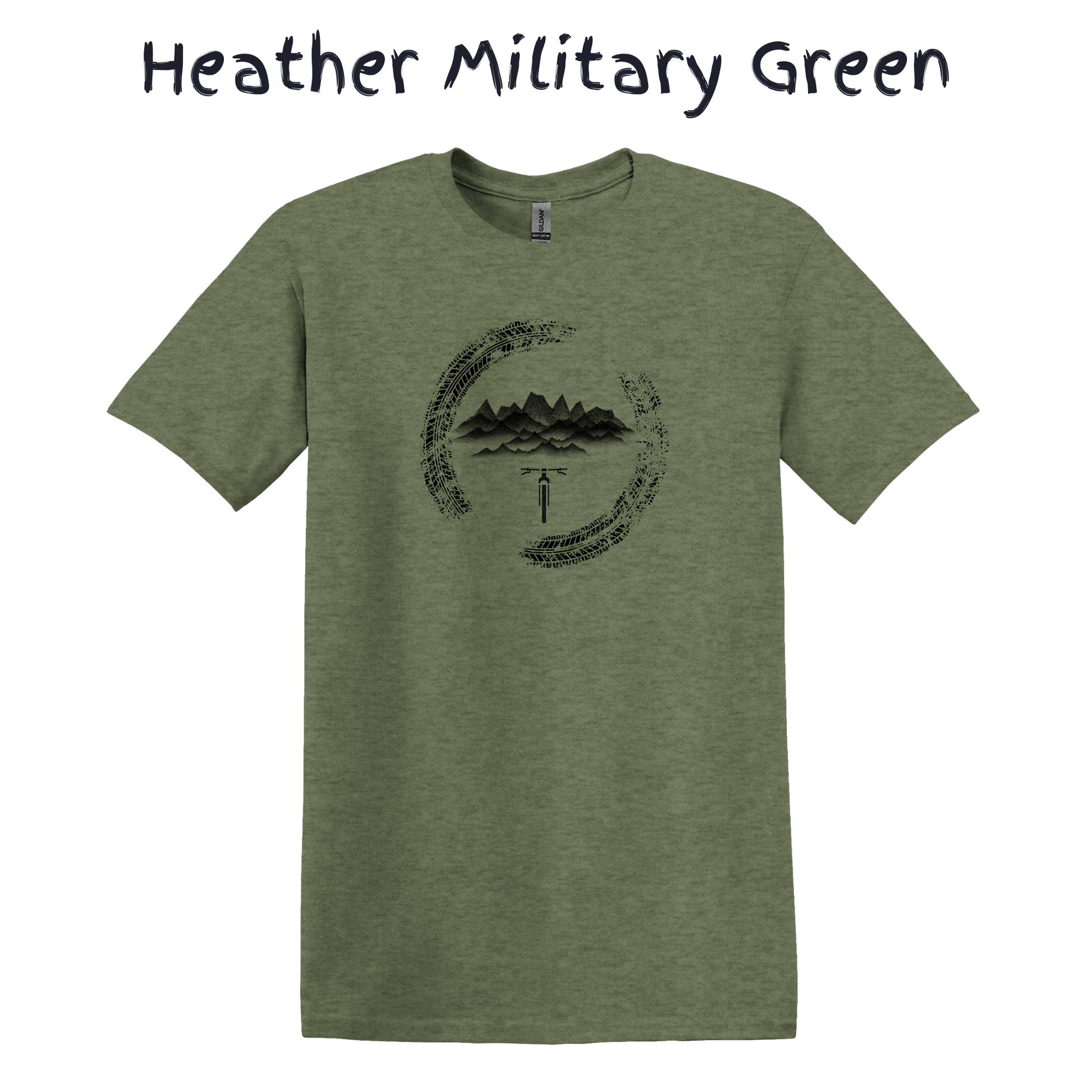 Green t-shirt with a black mountain bike graphic design on a white background