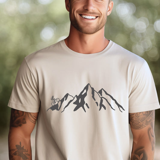 Mountain Bike TShirt Biker MTB Men Biking Bicycle Cycling - Grey Mountain Range with Biker on Left