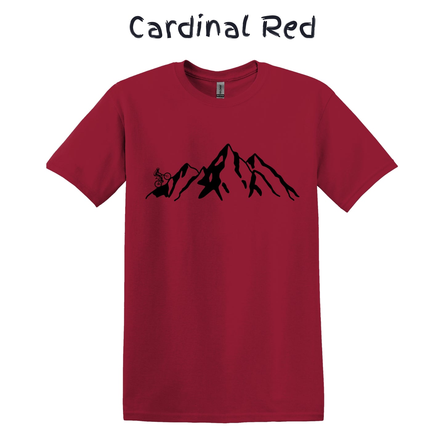 Mountain Bike TShirt Biker MTB Men Biking Bicycle Cycling - Grey Mountain Range with Biker on Left